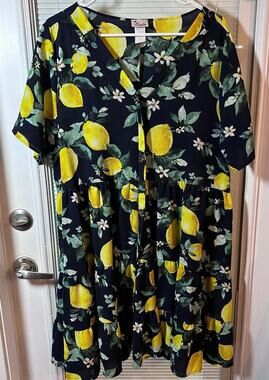 Bestto Lemon Button Up Mini Dress Women's 3X Plus Size Navy, Yellow and Green